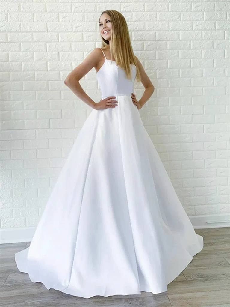 Vestidos de fiesta largos de satén blanco sencillos de corte A, vestidos de noche, vestidos formales de boda
